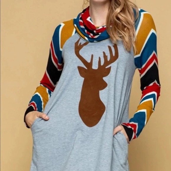 NWT Boutique chevron stripe buck deer tunic top cowl neck casual fall holiday - Picture 1 of 11
